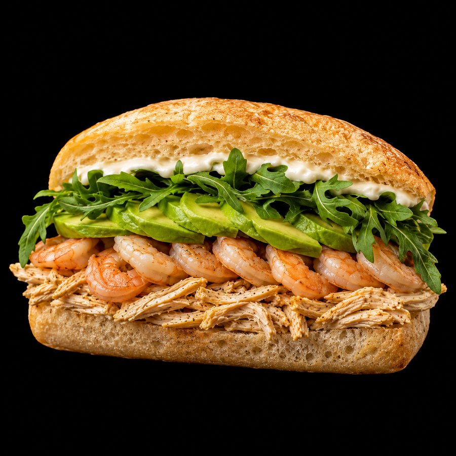Sándwich de camarón, pollo, palta y rúcula