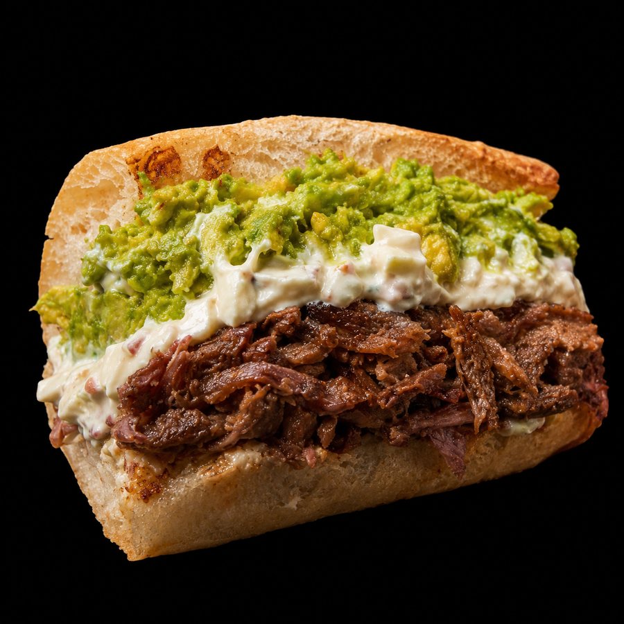 Sándwich de carne mechada, palta y salsa de la casa