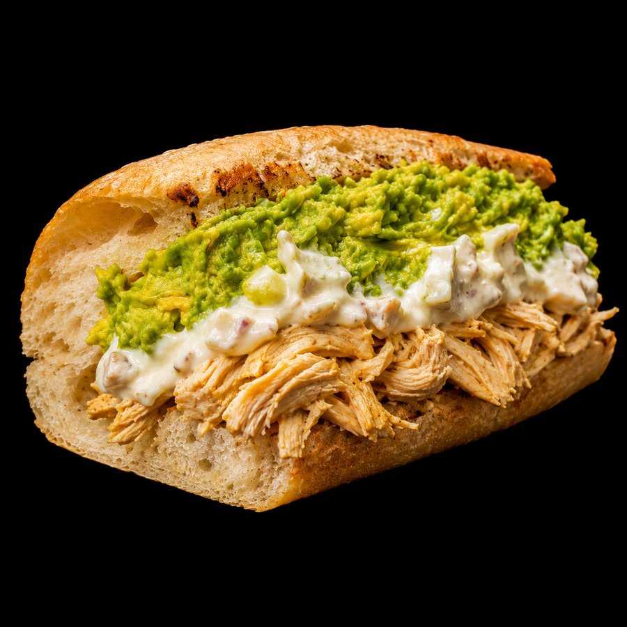 Sándwich de pollo, palta y salsa de la casa